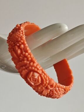 Vintage Floral Coral Orange Bangle Celluloid Bracelet